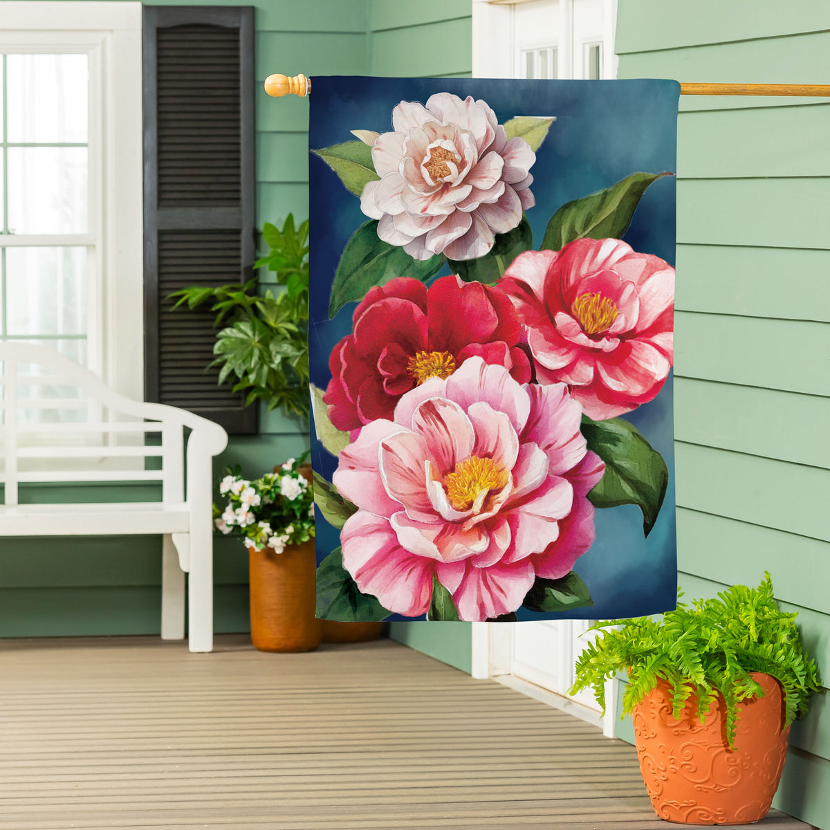 Evergreen Multicolor Camellias Suede House Flag 2
