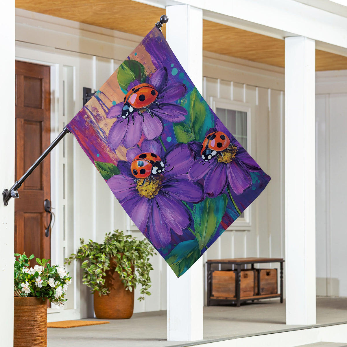 Evergreen Zinnia & Ladybugs Suede House Flag Multicolor 2