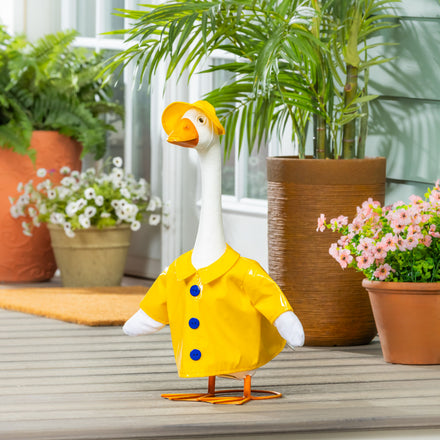 Giddy The Goose, Metal Porch Statue With Rain Coat, 21"H