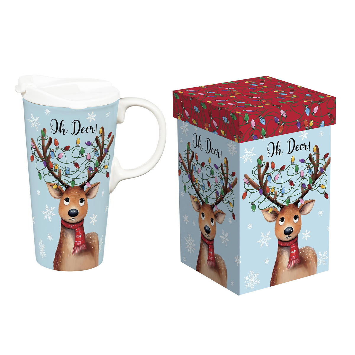 Evergreen Twas The Night Travel Cup Ceramic Reindeer 17oz 2