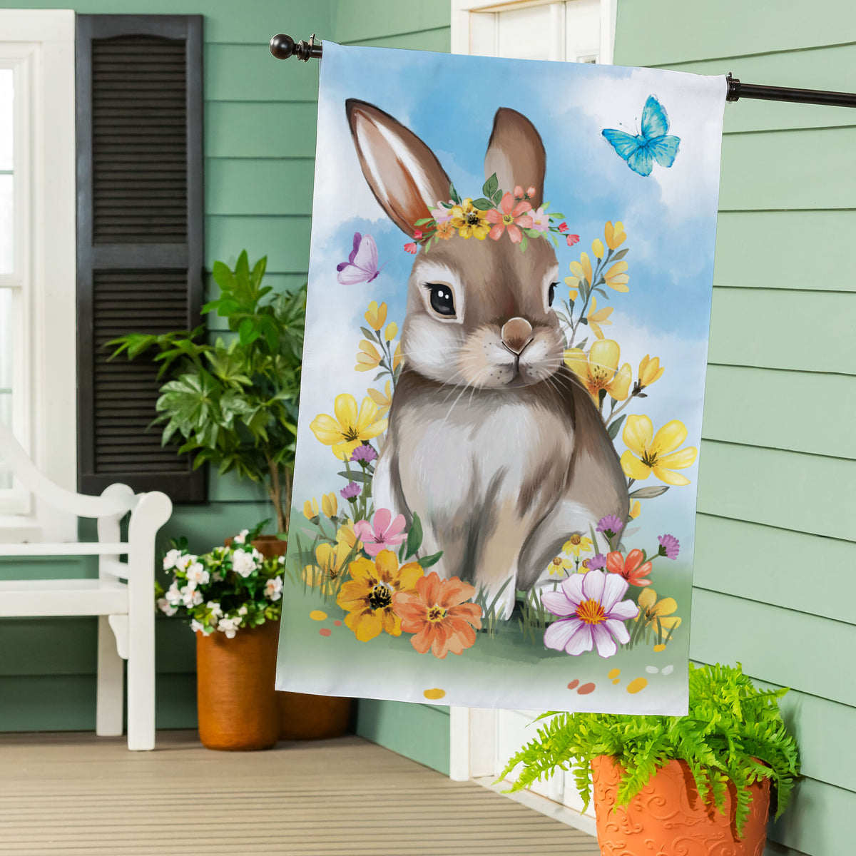 Evergreen Bunny Blooms Floral Burlap House Flag 2
