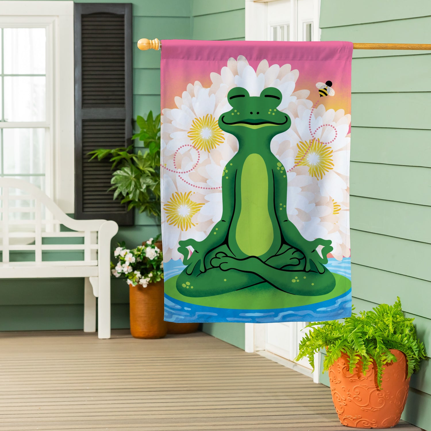 Meditating Summer Frog Suede House Flag – Evergreen