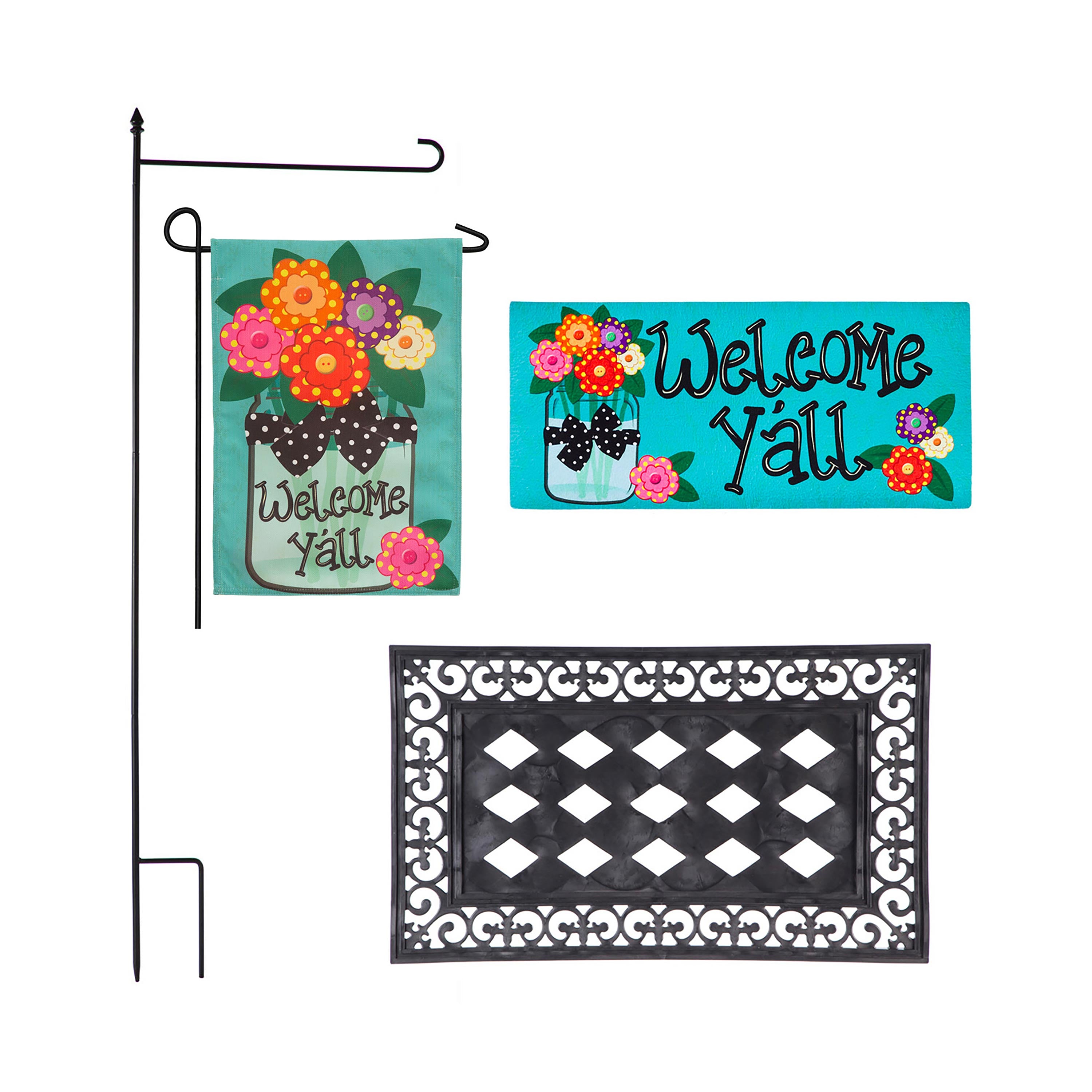 Welcome Y'all Burlap Garden Flag and Sassafras Mat Set – Evergreen