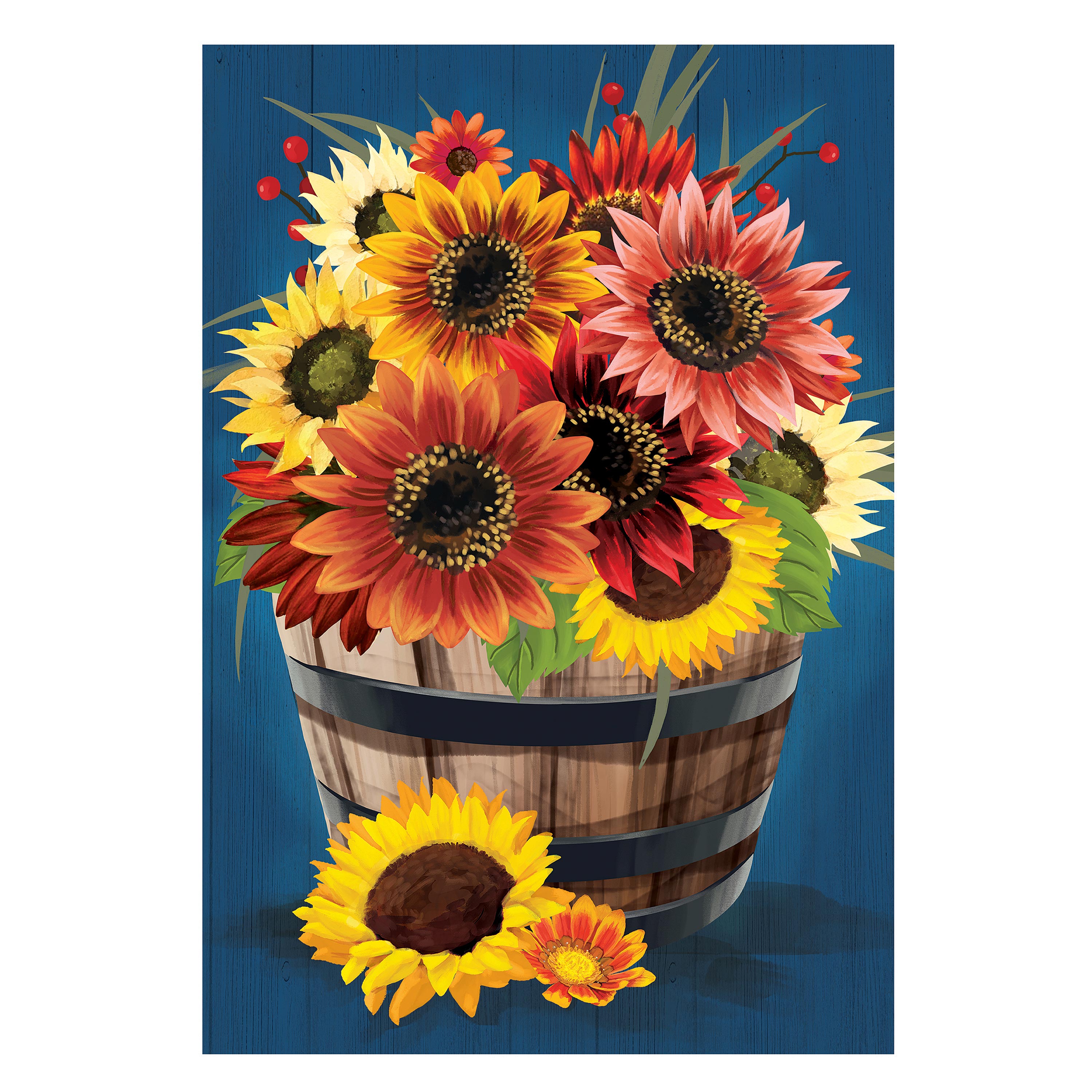 Barrel Of Blooms & Pumpkins Burlap Garden Flag – Evergreen