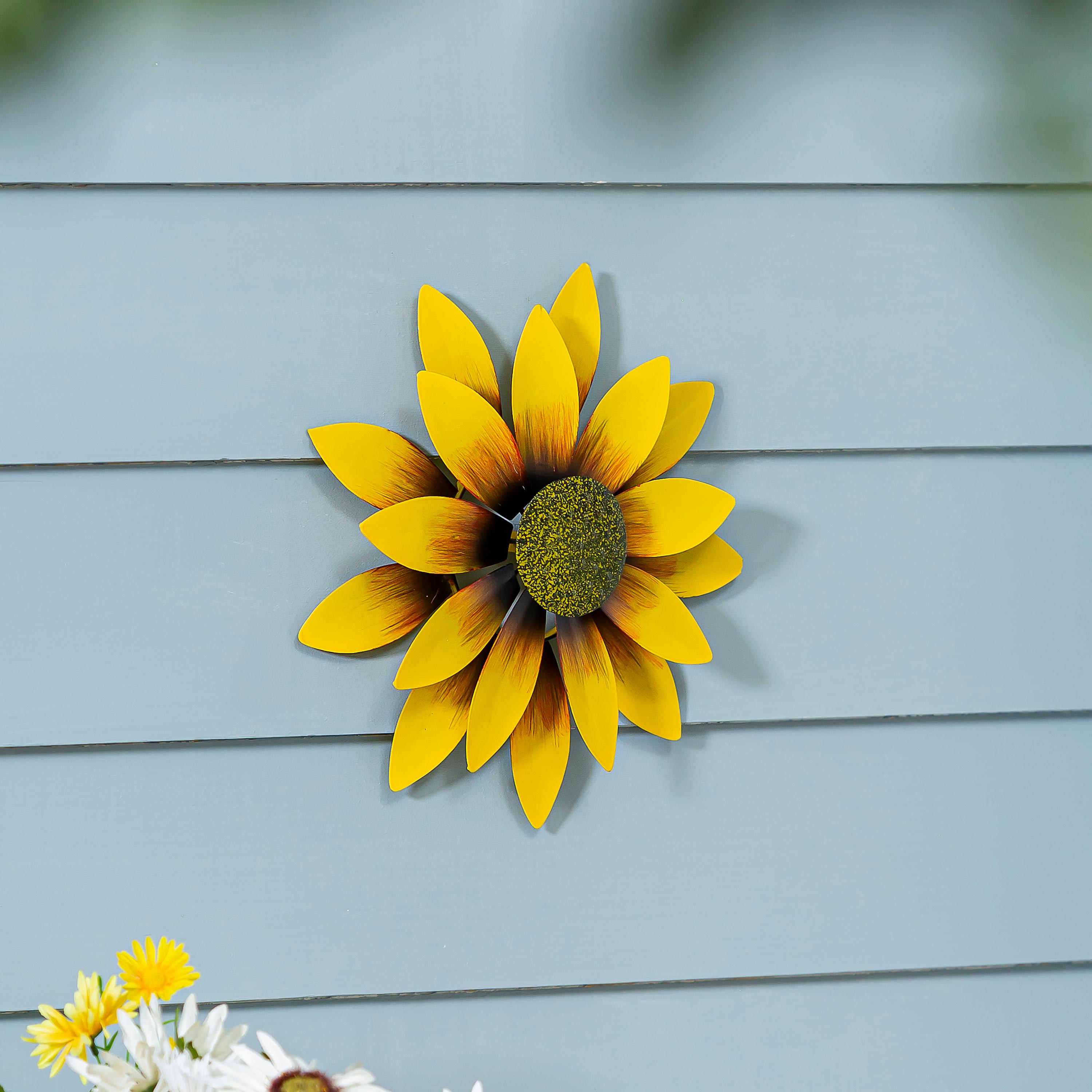 Sunflower Petal & Plow Wind Spinner, Metal Yellow Sunflower Wall