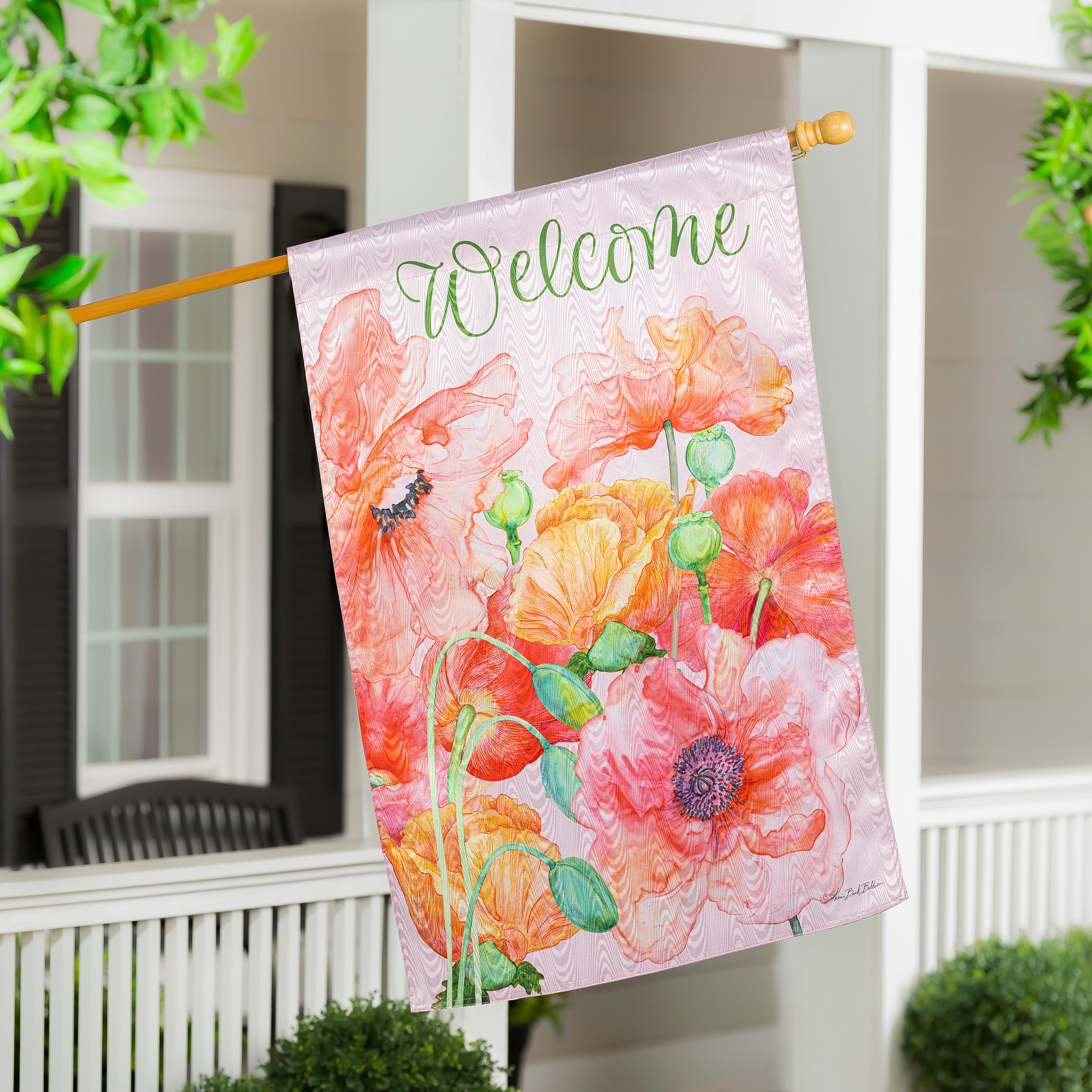 Poppies Moire House Flag – Evergreen