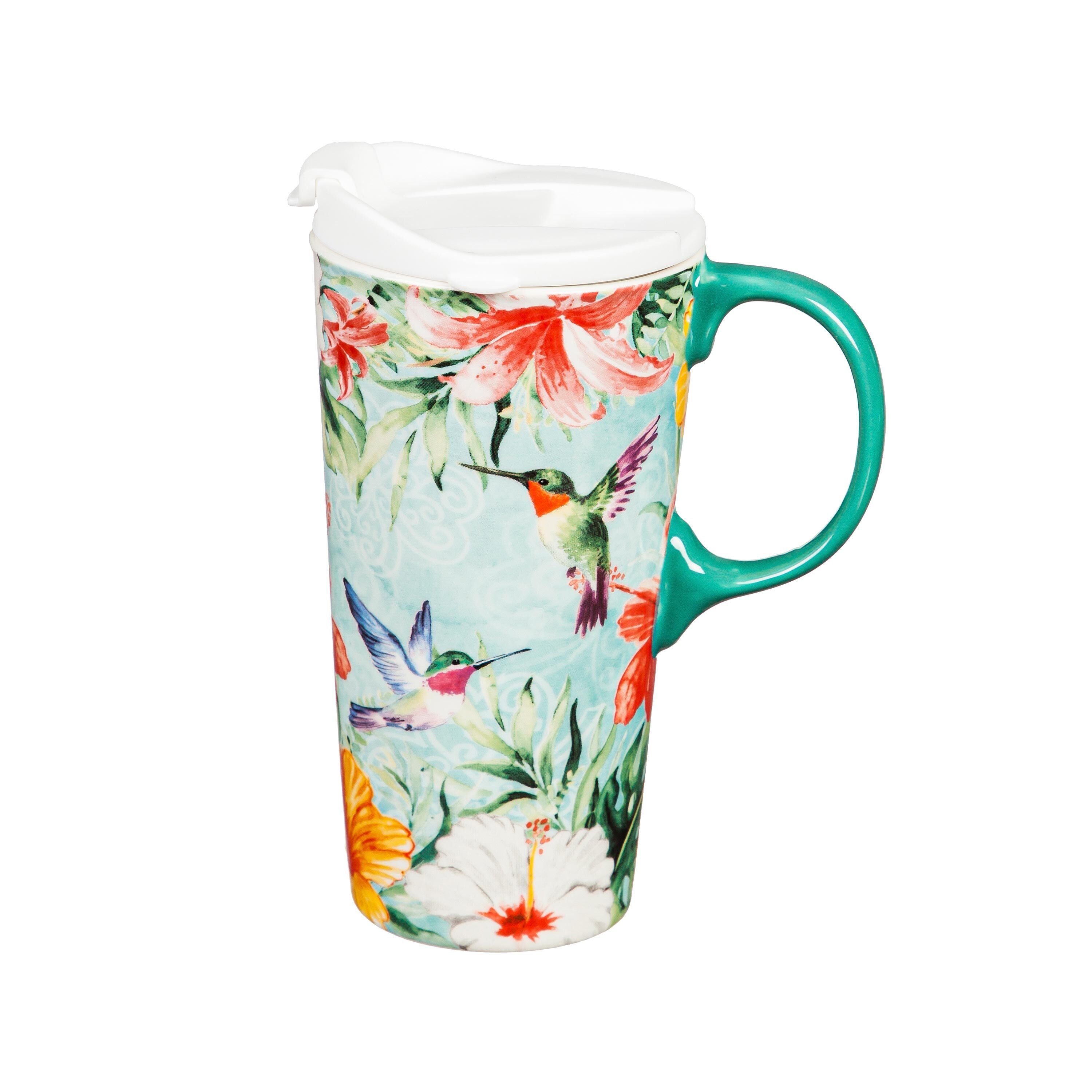 Ceramic Travel Cup, 17 OZ. ,w/box, Hummingbird Friends – Evergreen