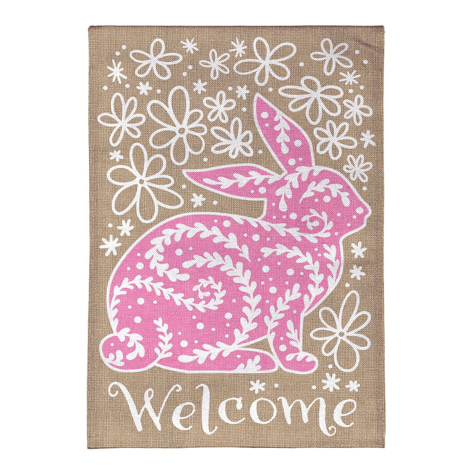 Welcome Leaf Pattern Bunny Burlap House Flag – Evergreen