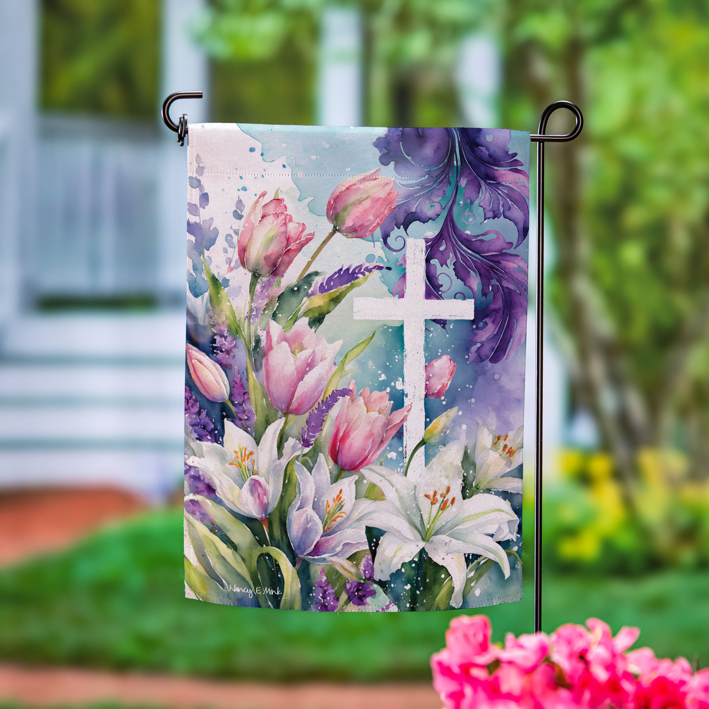 Tulip & Easter Lily Cross Suede Garden Flag – Evergreen