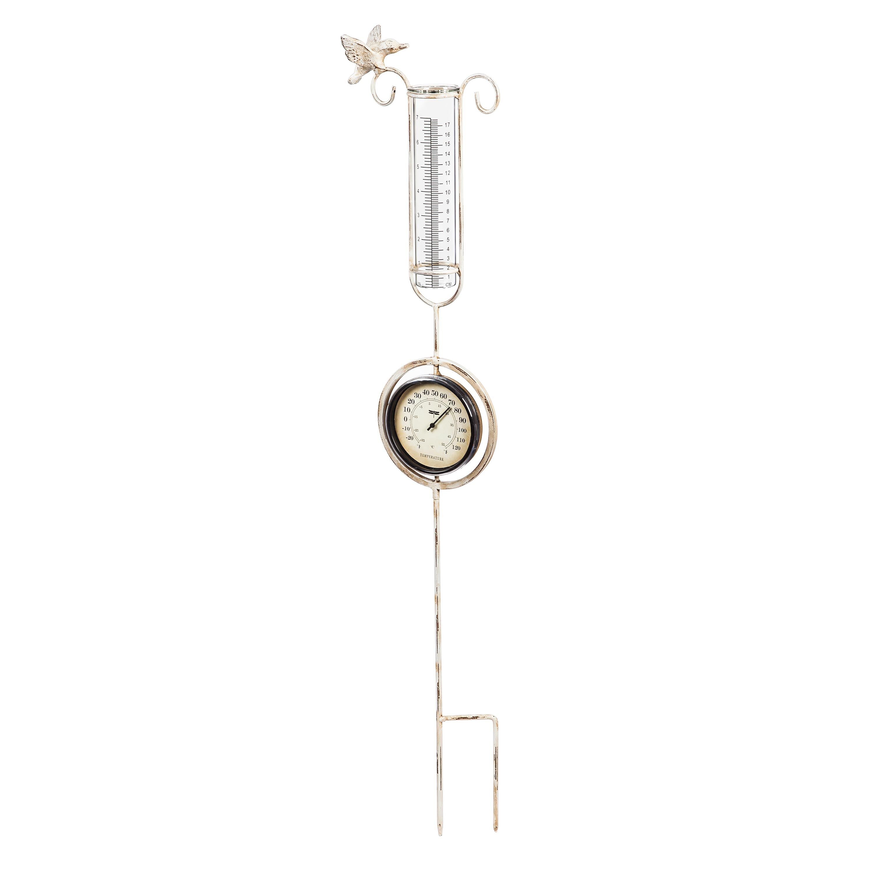 Antique White Metal Thermometer and Rain Gauge Stake