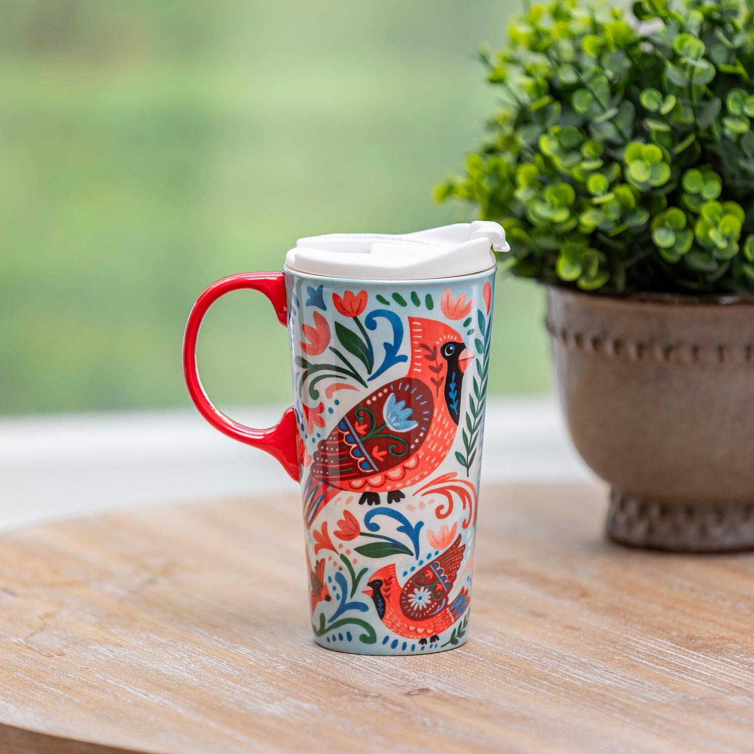 Folk Cardinal Ceramic Perfect Cup, 17oz, Gift Box – Evergreen