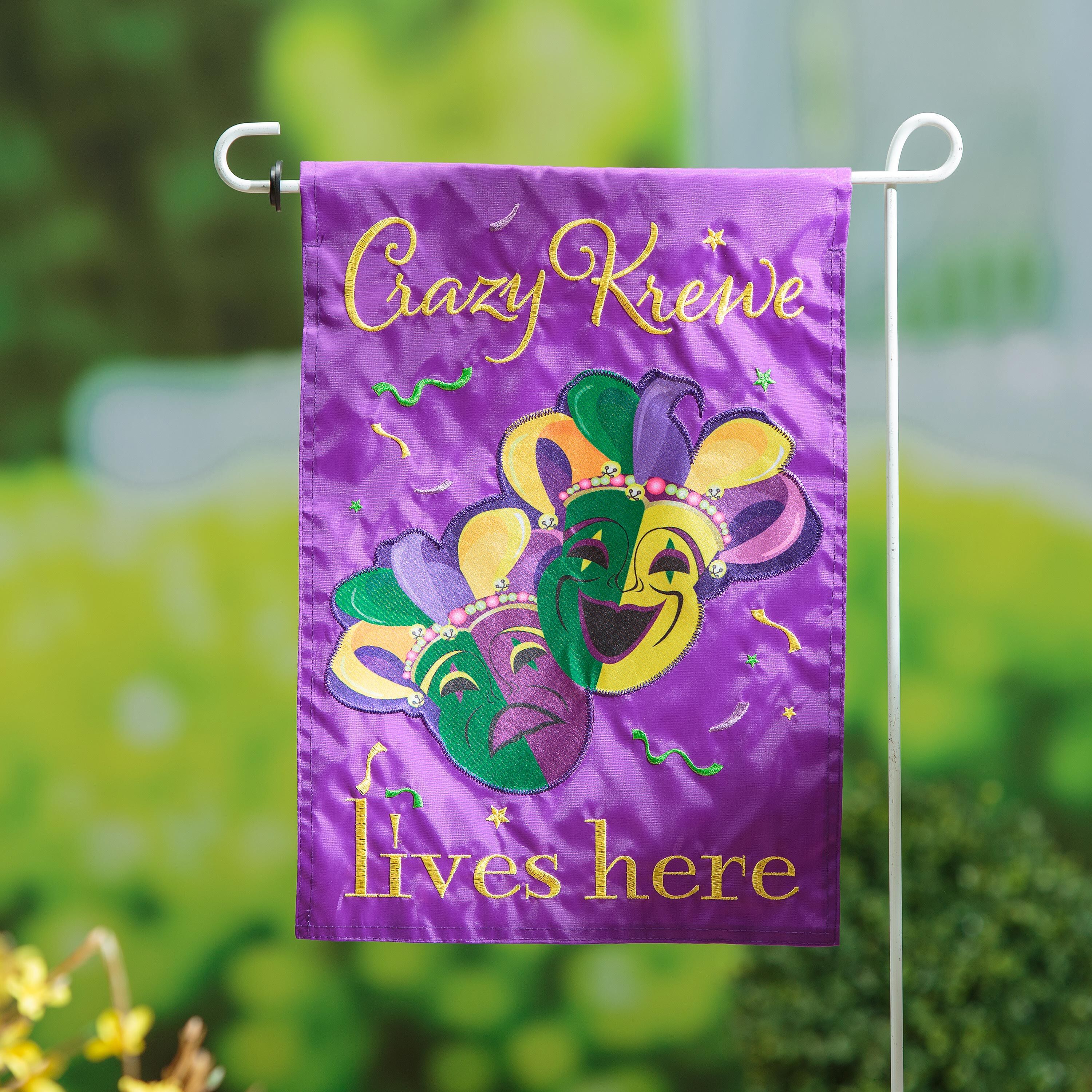 Evergreen Mardi Gras Crazy Krewe Lives Here Garden Flag - Thumbnail 2