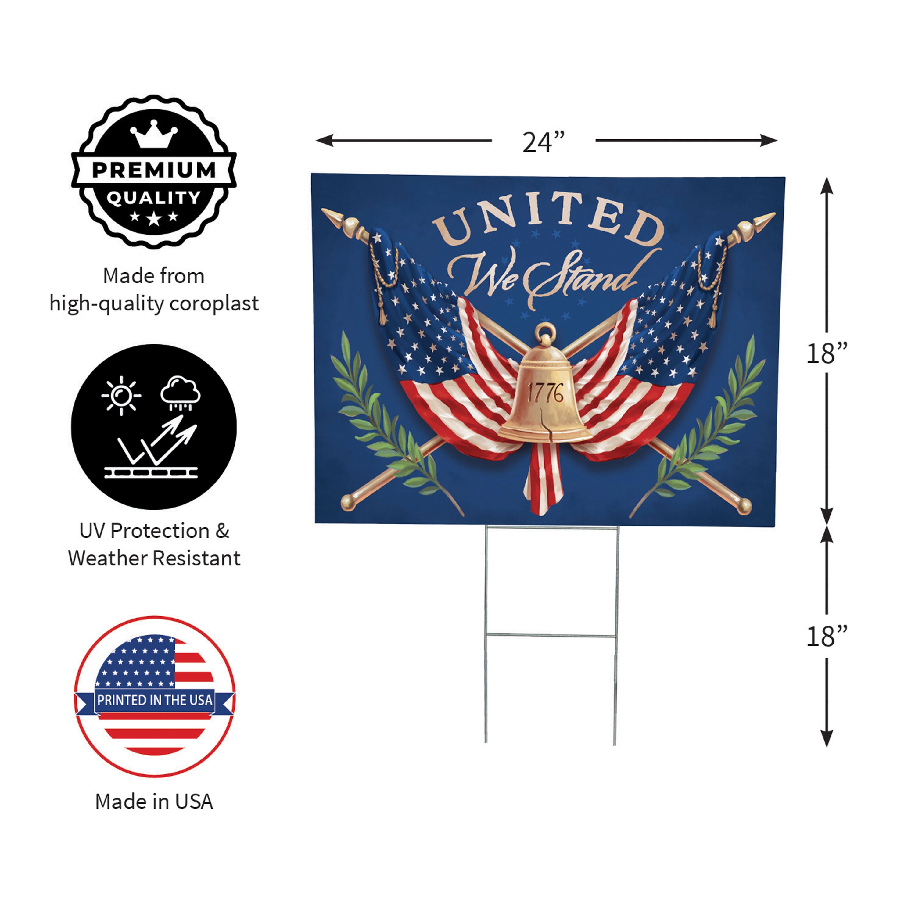 Americana Coroplast Yard Sign with H-Stake, United We Stand