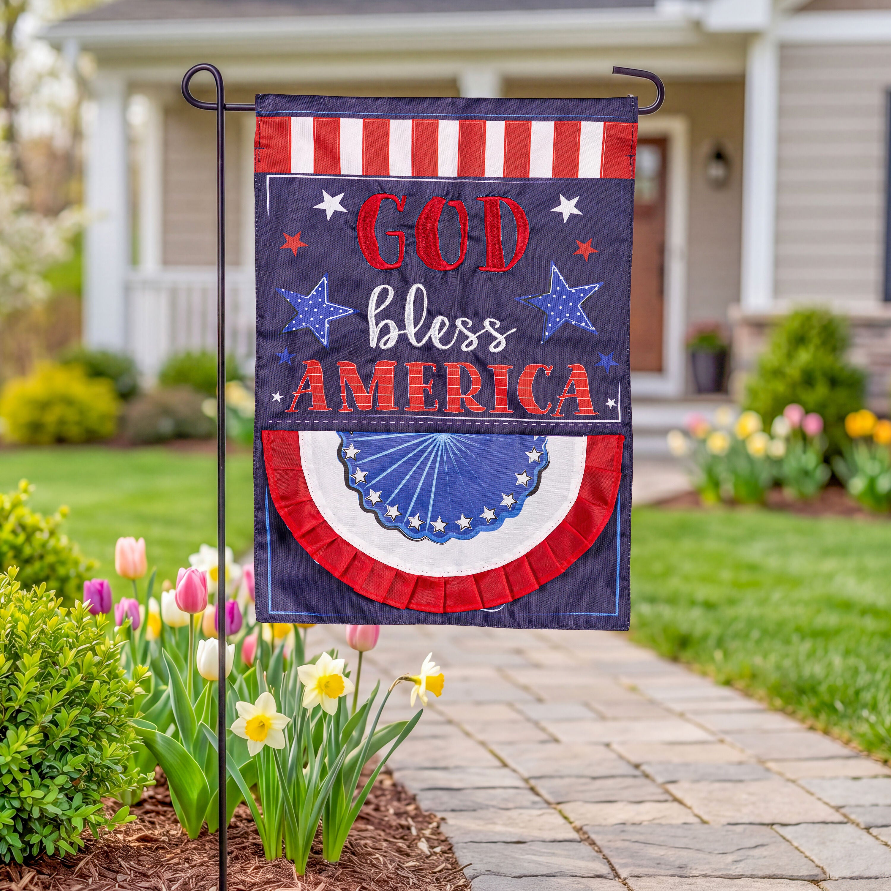 Patriotic God Bless America Applique Garden Flag – Evergreen