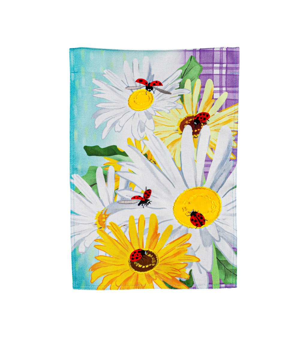 Daisy and Ladybug Field Garden Burlap Flag