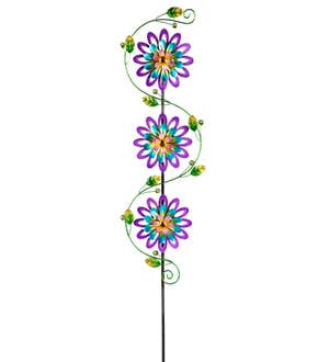 71"H Garden Stake with Spinning Flowers, Violet Trio