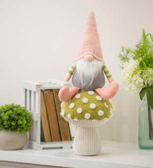 19" Fabric Plush Gnome Sitting on Mushroom Table Decor