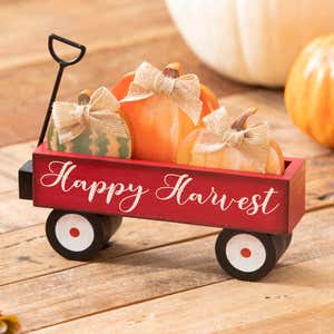 9" Wood Pumpkins with Burlap Bow in Wagon with Metal Handle Table Décor