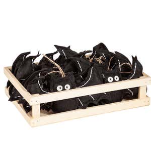 Plush Bats Hanging Décor, 12 Piece Total in Wooden Crate