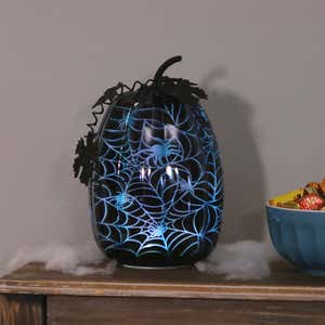 LED Glass Pumpkin, Black, Spiderweb